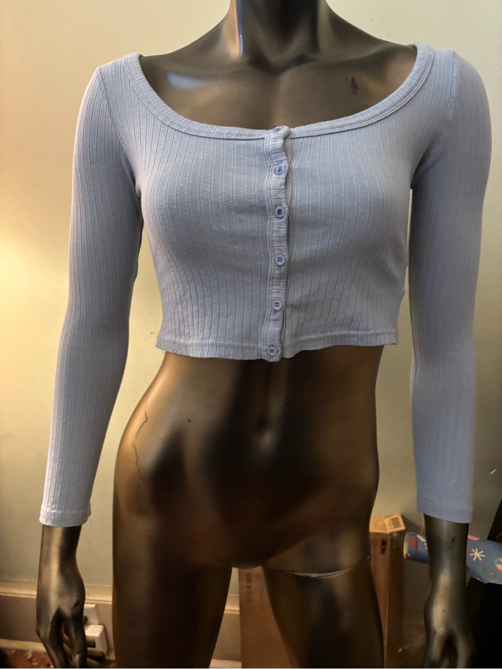 SHEIN Light Blue Ribbed Button-Front Long Sleeve Crop Top